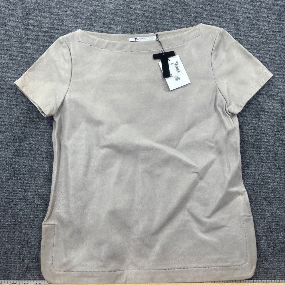 T by Alexander Wang Leather Top‎ Size 0 Dove Grey Lambskin Boat Neck NWT Women's